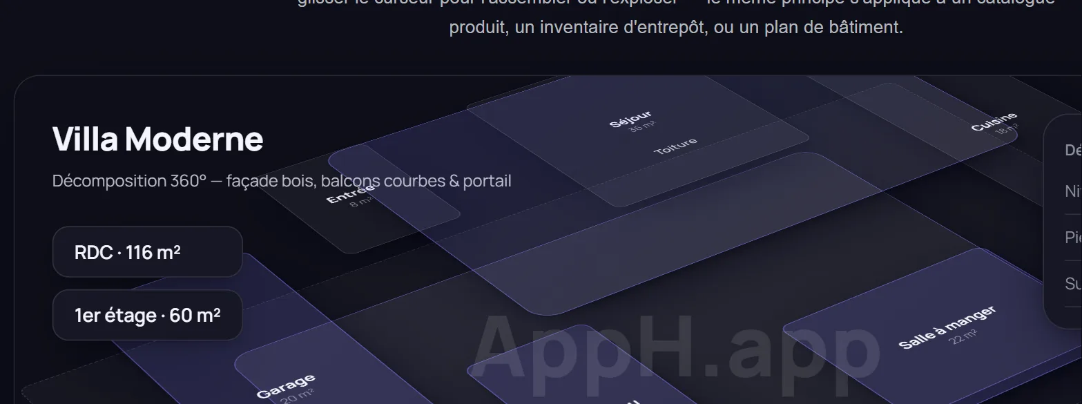 Visualisation 3D interactive AppH — plan de maison en décomposition éclatée, pièces et surfaces